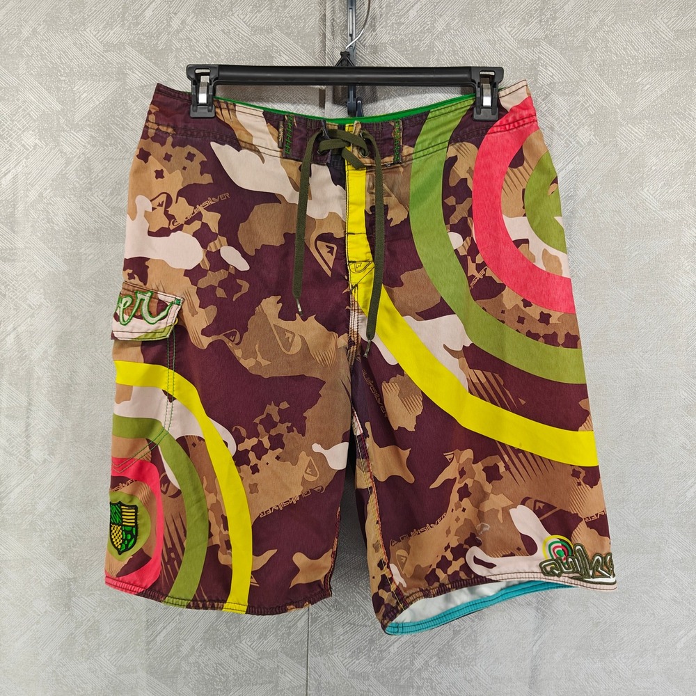 Vintage Quiksilver Board Shorts Mens 34 Brown Camo Y2K Surf Swim Trunks Retro